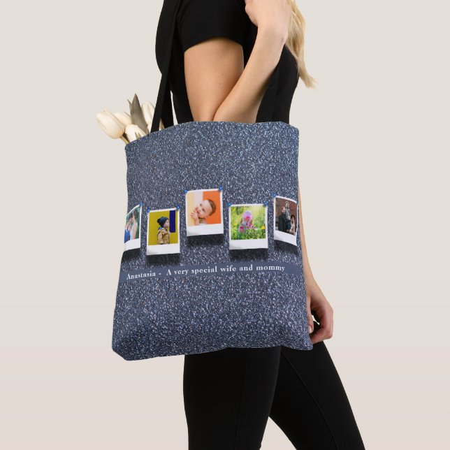 Personalized Mothers Day Photo Collage Silver Grey Tote Bag (Close Up)