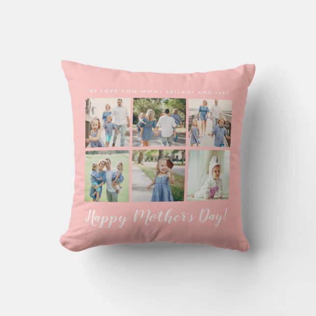 Personalized Mother's Day Photo Pink Throw Pillow (Front)