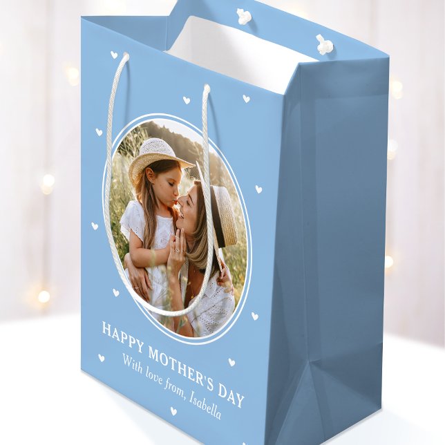 Personalized Mother's Day Photos Cute Blue White Medium Gift Bag (Creator Uploaded)
