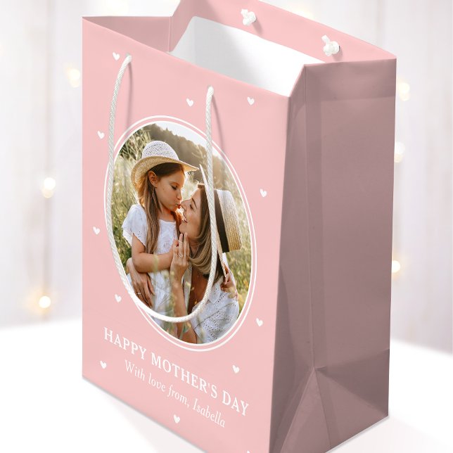 Personalized Mother's Day Photos Cute Pink White Medium Gift Bag (Creator Uploaded)