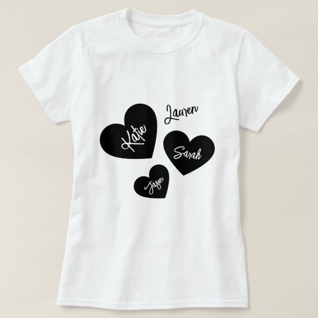 Personalized Mother's Hearts Black & White T-Shirt (Design Front)