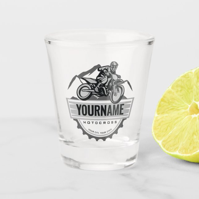 Personalized Motocross Rider Dirt Bike Hill Racing Shot Glass (Front)