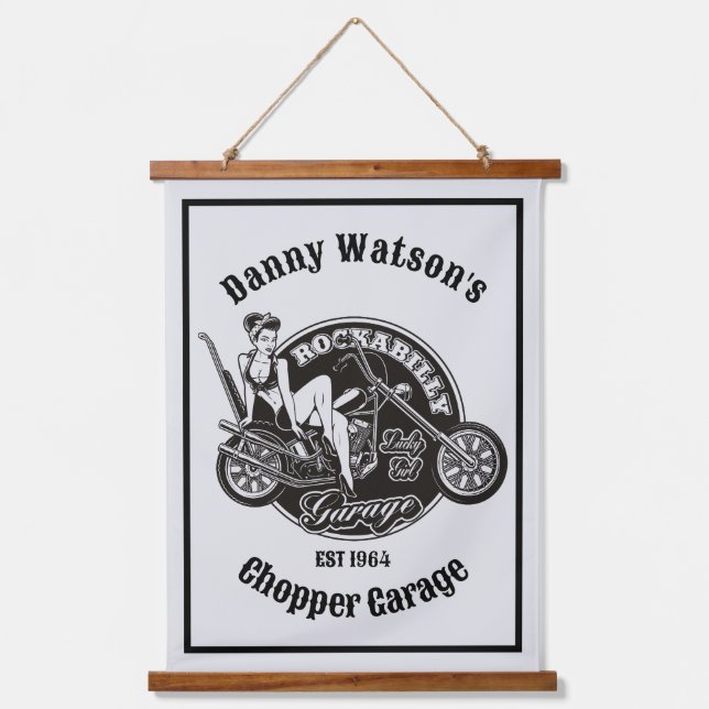 Personalized Motorcycle Babe Chopper Garage Hanging Tapestry (Front)