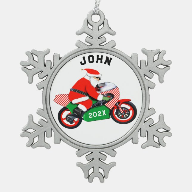 Personalized Motorcycle Christmas Collectable Snowflake Pewter Christmas Ornament (Front)