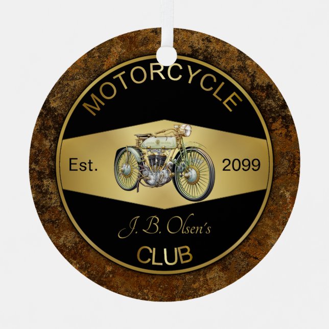 Personalized Motorcycle Club Black & Gold Metal Ornament (Front)