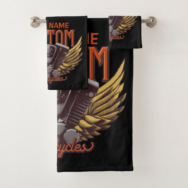  Personalized Motorcycle Eagle Wings Biker Garage  Bath Towel Set (Insitu)