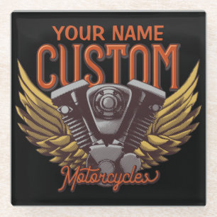 Personalized Motorcycle Eagle Wings Biker Garage Glass Coaster