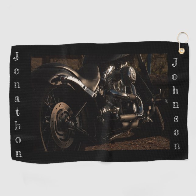 Personalized Motorcycle on Black Golf Towel (Horizontal)