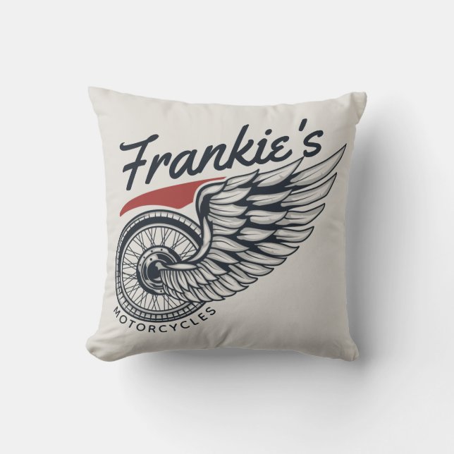 Personalized Motorcycles Flying Tire Biker Shop Throw Pillow (Front)