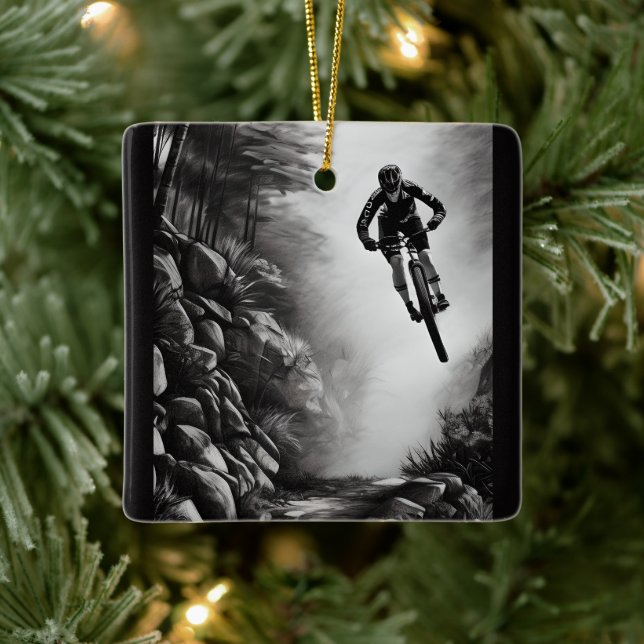 Personalized Mountain Bike Pencil Sketch Christmas Ceramic Ornament (Tree)