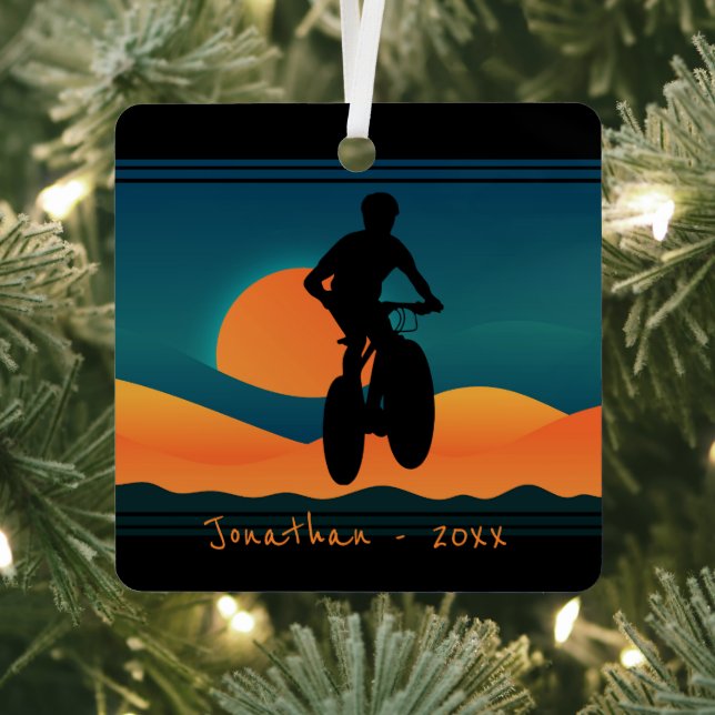 Personalized Mountain Bike Sunset Christmas Metal Ornament (Insitu)