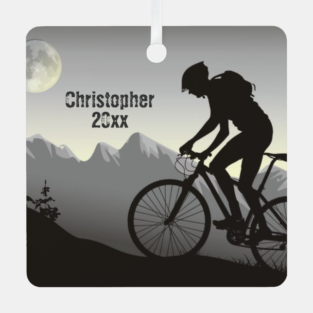 Personalized Mountain Biking Full Moon Christmas Metal Ornament (Front)