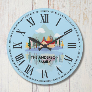 Personalized Mountain Lake Family Nature Scene  Large Clock