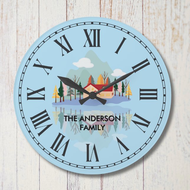 Personalized Mountain Lake Family Nature Scene  Large Clock (Creator Uploaded)