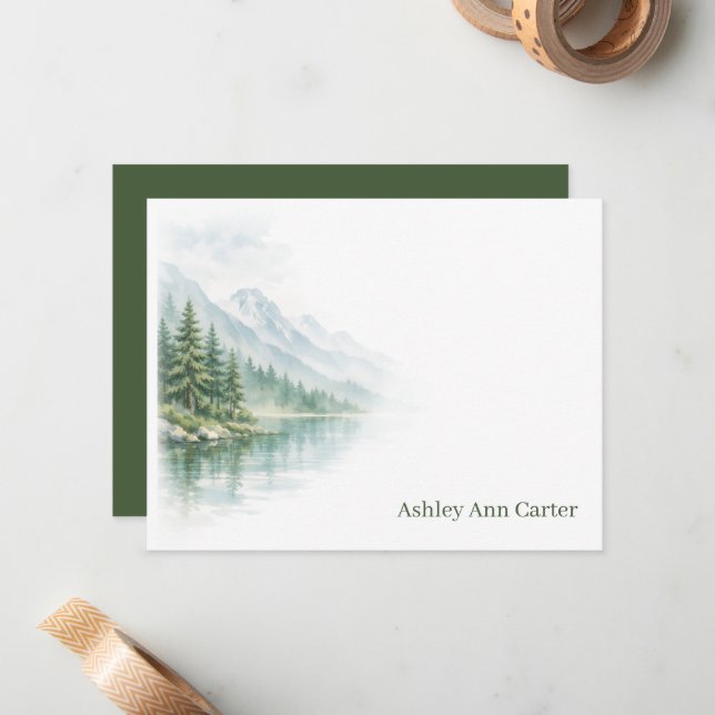 Personalized Mountain Lake Flat Note Card (Front/Back In Situ)