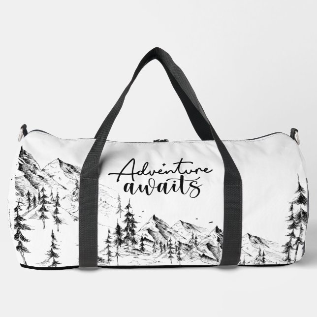 Personalized Mountains Sketch Adventure Awaits Duffle Bag (Front)
