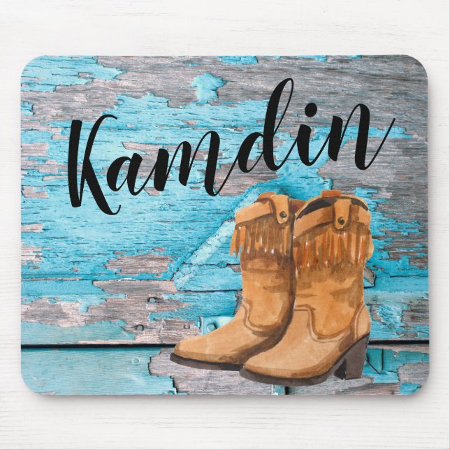 Personalized Mouse Pad Blue Wood Barn Door Boots C (Front)
