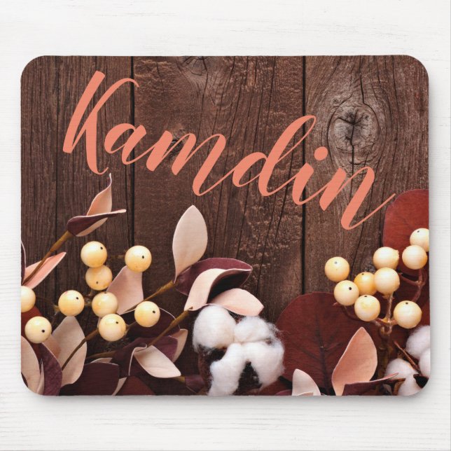 Personalized Mouse Pad Cotton Branch on Dark Wood (Front)