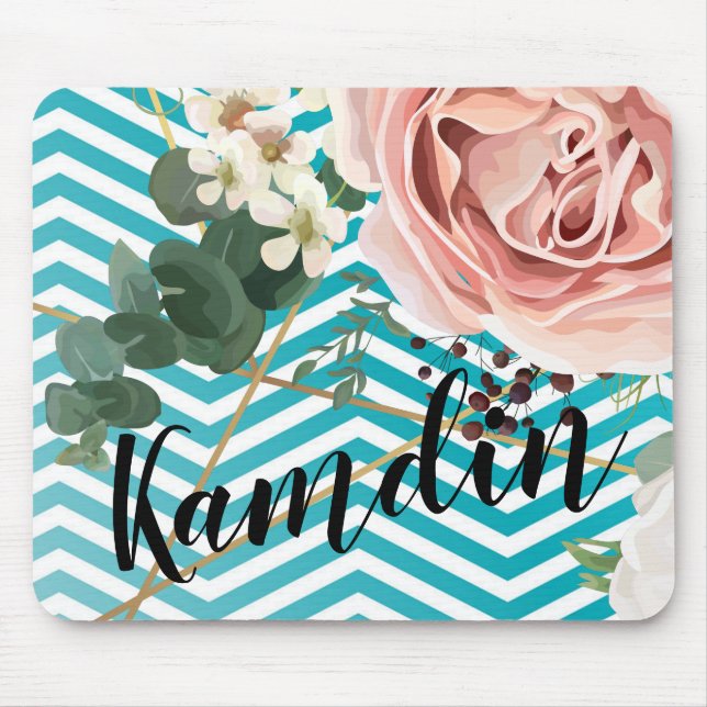Personalized Mouse Pad Geometric Rose Chevron Teal (Front)