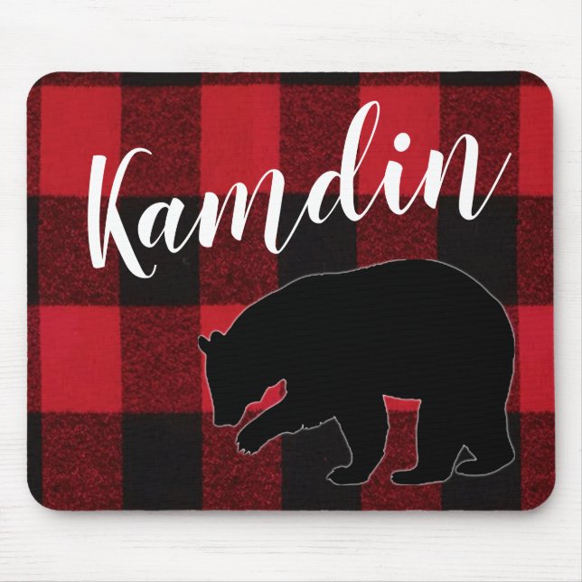 Personalized Mouse Pad Red Buffalo Plaid Bear Blac (Front)