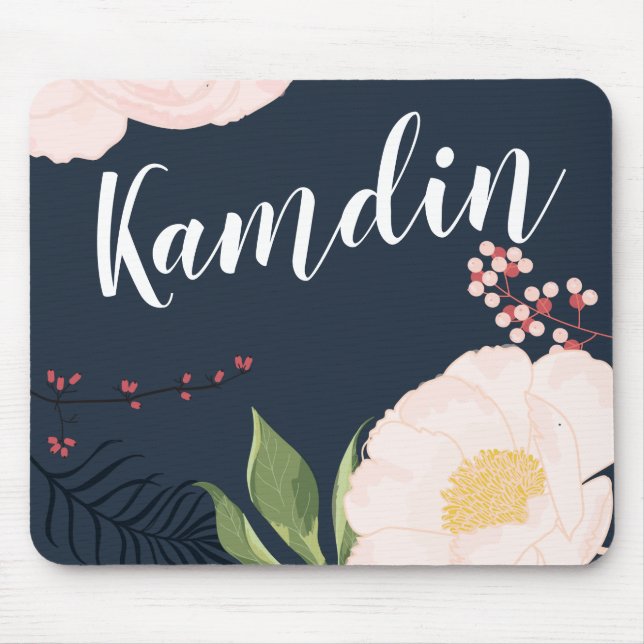 Personalized Mouse Pad White Floral Flowers on Dar (Front)