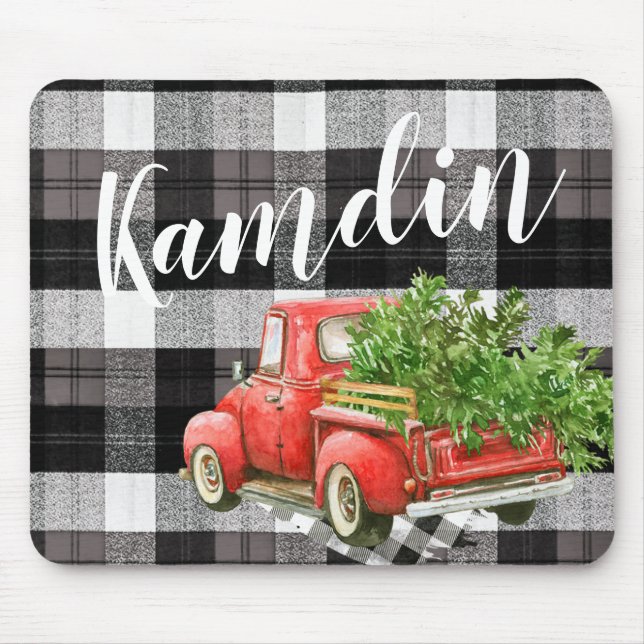 Personalized Mouse Pad XMAS Truck Buffalo Plaid Bl (Front)