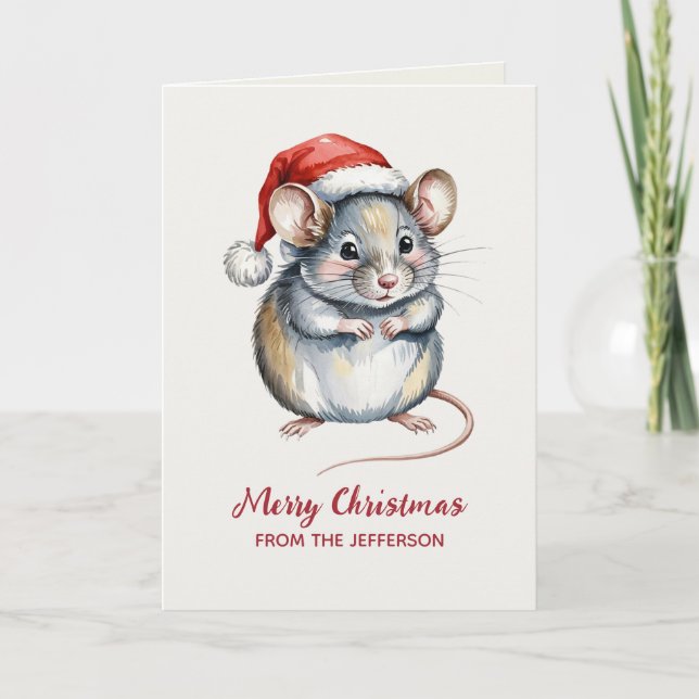 Personalized Mouse with Santa Hat Christmas        Holiday Card (Front)