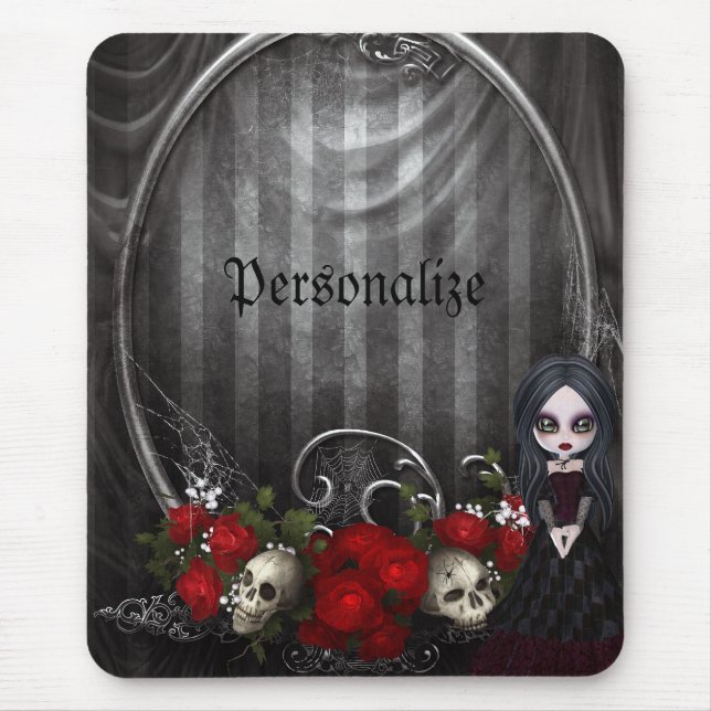 Personalized Mousepad - Goth Girl, Skulls & Roses (Front)