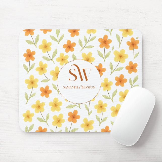 Personalized Mousepad with Orange | Yellow Floral (With Mouse)