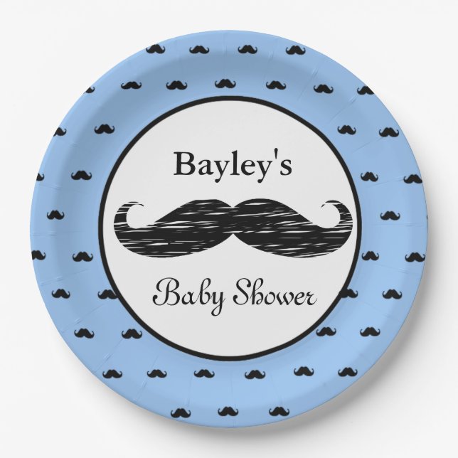 Personalized Moustache Baby Shower Paper Plates (Front)