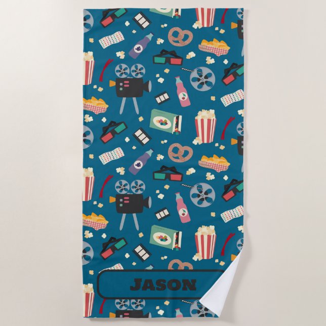 Personalized Movie Night Film Popcorn Pattern Beach Towel (Front)