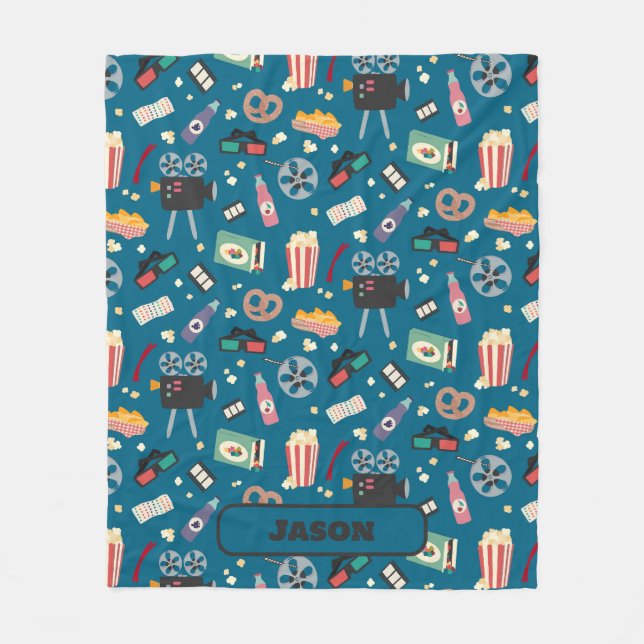 Personalized Movie Night Film Popcorn Pattern Fleece Blanket (Front)