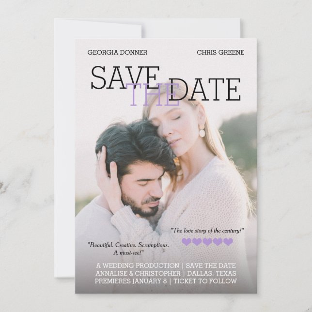 Personalized Movie Poster Purple Save the Date (Front)