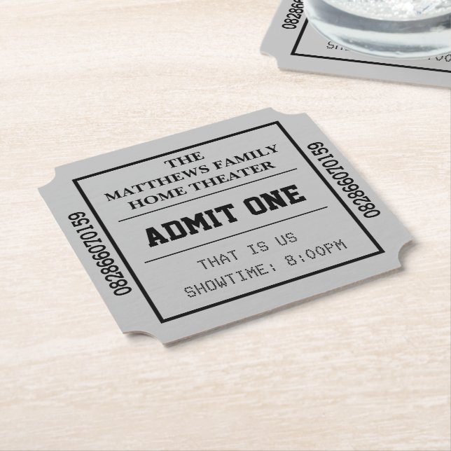 Personalized Movie Ticket Grey Home Theatre Paper Coaster (Angled)
