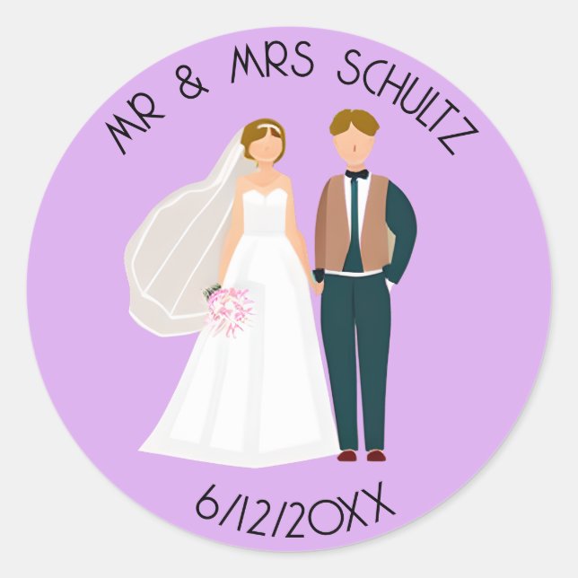 Personalized Mr and Mrs Bride and Groom Classic Round Sticker (Front)