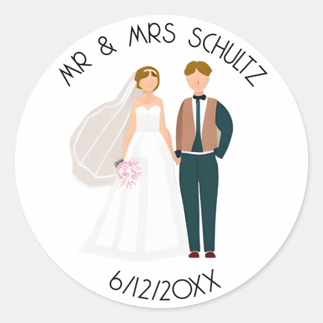 Personalized Mr and Mrs Bride and Groom Classic Round Sticker (Front)