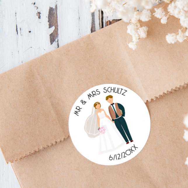 Personalized Mr and Mrs Bride and Groom Teal Classic Round Sticker (Creator Uploaded)
