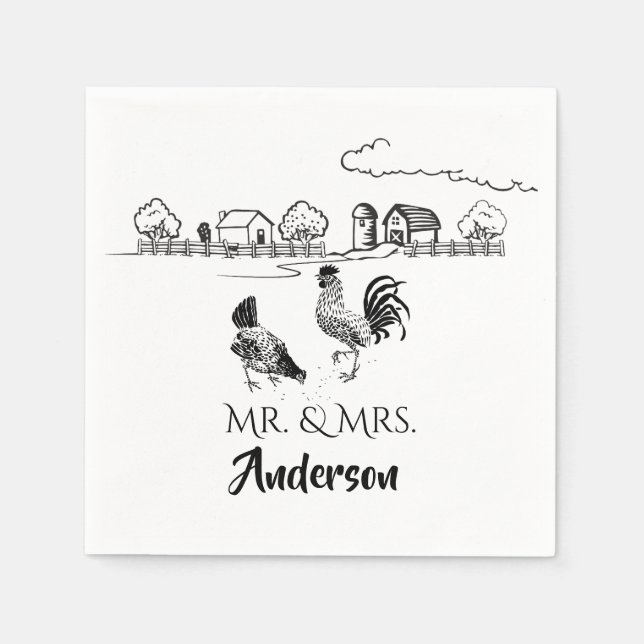 Personalized Mr and Mrs Chicken Farm Wedding Napkin (Front)