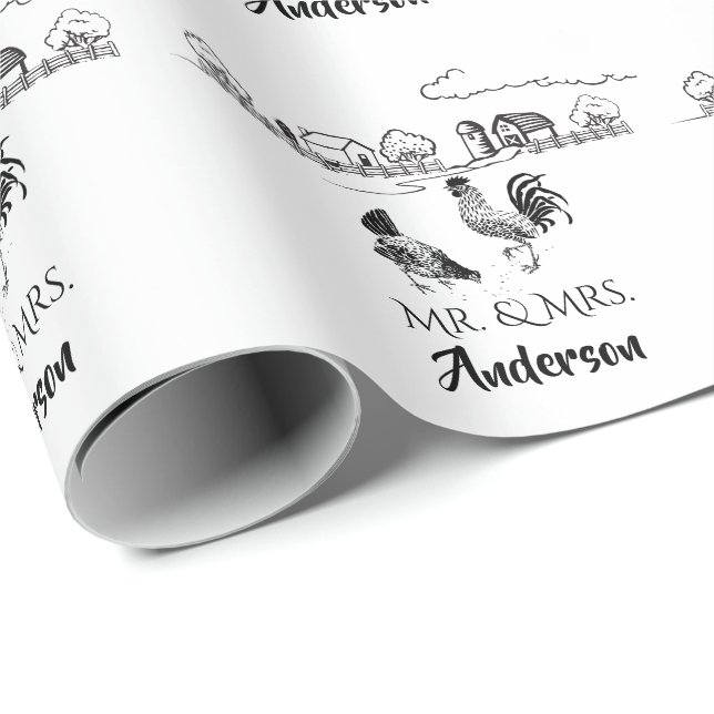 Personalized Mr and Mrs Chickens Farm Wedding Wrapping Paper (Roll Corner)