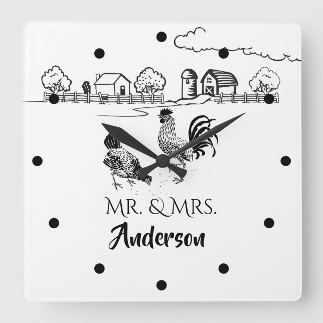 Personalized Mr and Mrs Chickens Rooster Hen Farm Square Wall Clock (Front)
