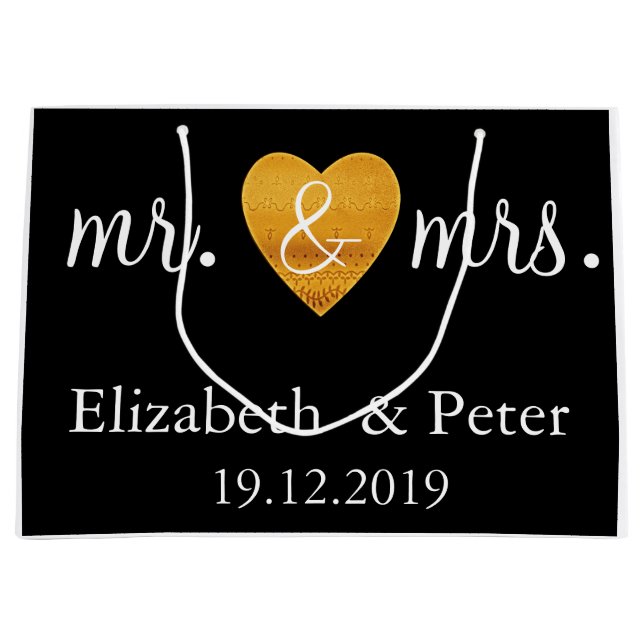 Personalized Mr and Mrs Gold Love Heart Wedding Large Gift Bag (Front)