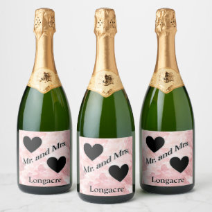 Personalized Mr. and Mrs. Hearts Black White  Sparkling Wine Label