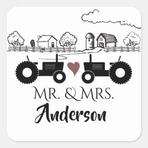 Personalized Mr and Mrs Tractor Couple Farm LOVE Square Sticker