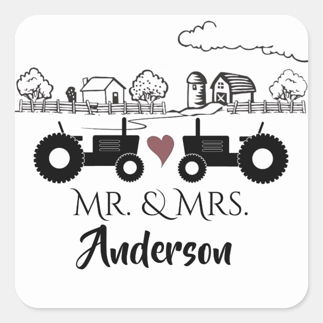 Personalized Mr and Mrs Tractor Couple Farm LOVE Square Sticker (Front)
