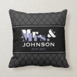 Personalized Mr and Mrs wedding throw pillow<br><div class="desc">Personalized Mr and Mrs throw pillow elegant style. Cute wedding gift idea for newly weds. Personalize with name of bride and groom / husband and wife. Classy pattern design with stylish typography. Lavender purple / lilac,  grey,  white and black colours. Sylish home decor present for newlyweds.</div>