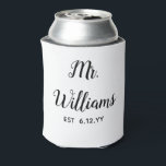 Personalized Mr Est Your Date Groom Gift Custom Can Cooler<br><div class="desc">monogram last name newlywed modern,  cute black and white typography,  just married trendy simple script,  personalized mr est your date,  engagement gift for fiance wedding,  present for groom wedding gift,  bachelor party mr newly engaged,  honeymoon matching can cooler coozie,  newlywed groom bottle coozy slim,  custom personalize him calligraphy can</div>