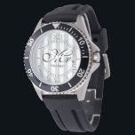 Personalized Mr. Husband Click for Custom Stripes Watch<br><div class="desc">Easily change the colour of the vertical stripes design from their preset grey and white to any colour of your choice in one step. Just click on the "Cutomize It!" button to reveal the colour selector titled "Printed Background Colour" from which you can choose any colour you want in one...</div>