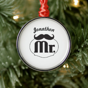 Personalized Mr. Moustache Retro Vintage Hipster Metal Ornament