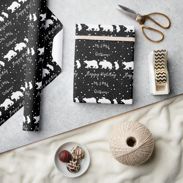 Personalized Mr & Mrs Cute Polar Bear Family Black Wrapping Paper (Crafts)