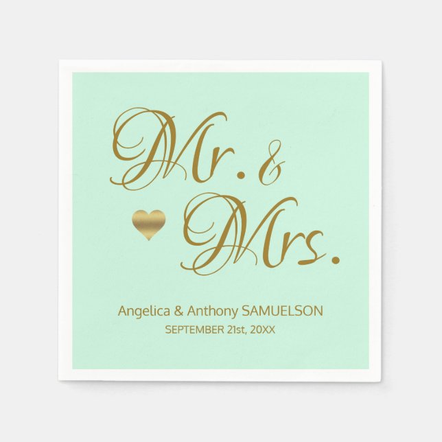 Personalized Mr. & Mrs. Mint Green Gold Wedding Napkin (Front)
